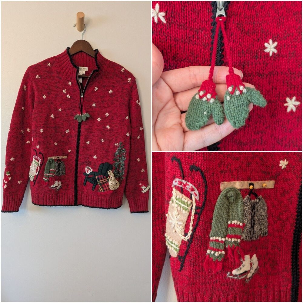 Coldwater Creek Women Embroidered Novelty Cardigan XS Cabin Ski Winter Christmas